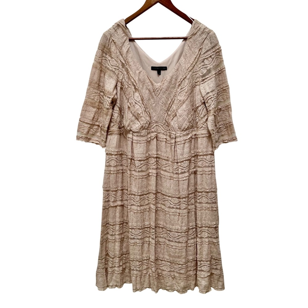 Chris McLaughlin 18W Beige Lace Tiered V Neck Midi Dress‎ 3/4 Sleeve